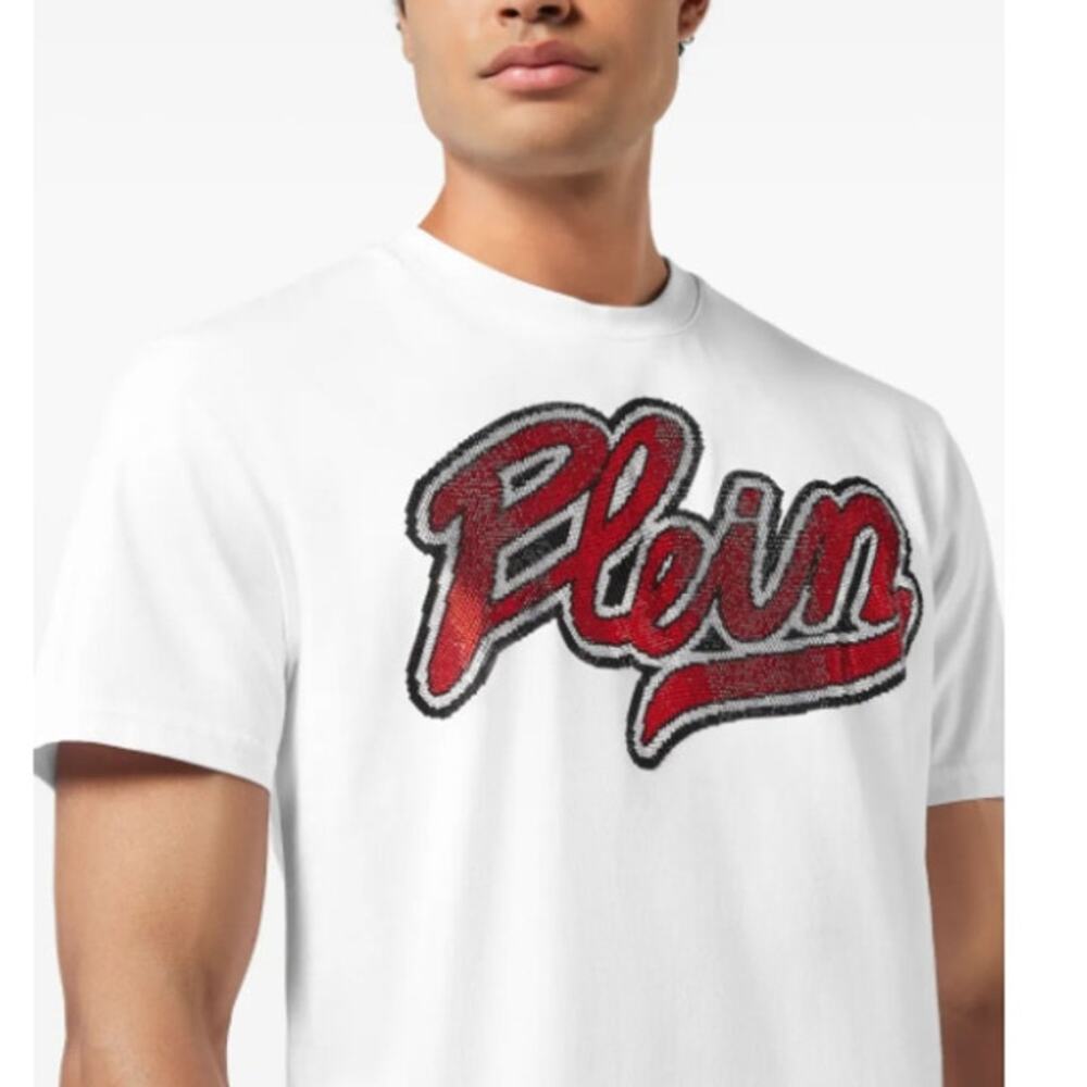 Philipp Plein Men's White Strass Signature  Round Neck T-Shirt Size XL